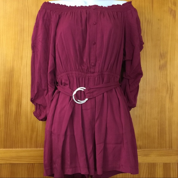 New Wine Off the Shoulder Belted Romper - Picture 4 of 5